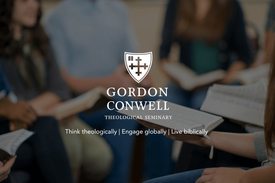 Group of people with bibles blurred out with a white Gordon Conwell Seminary logo with shield above the words cross in it